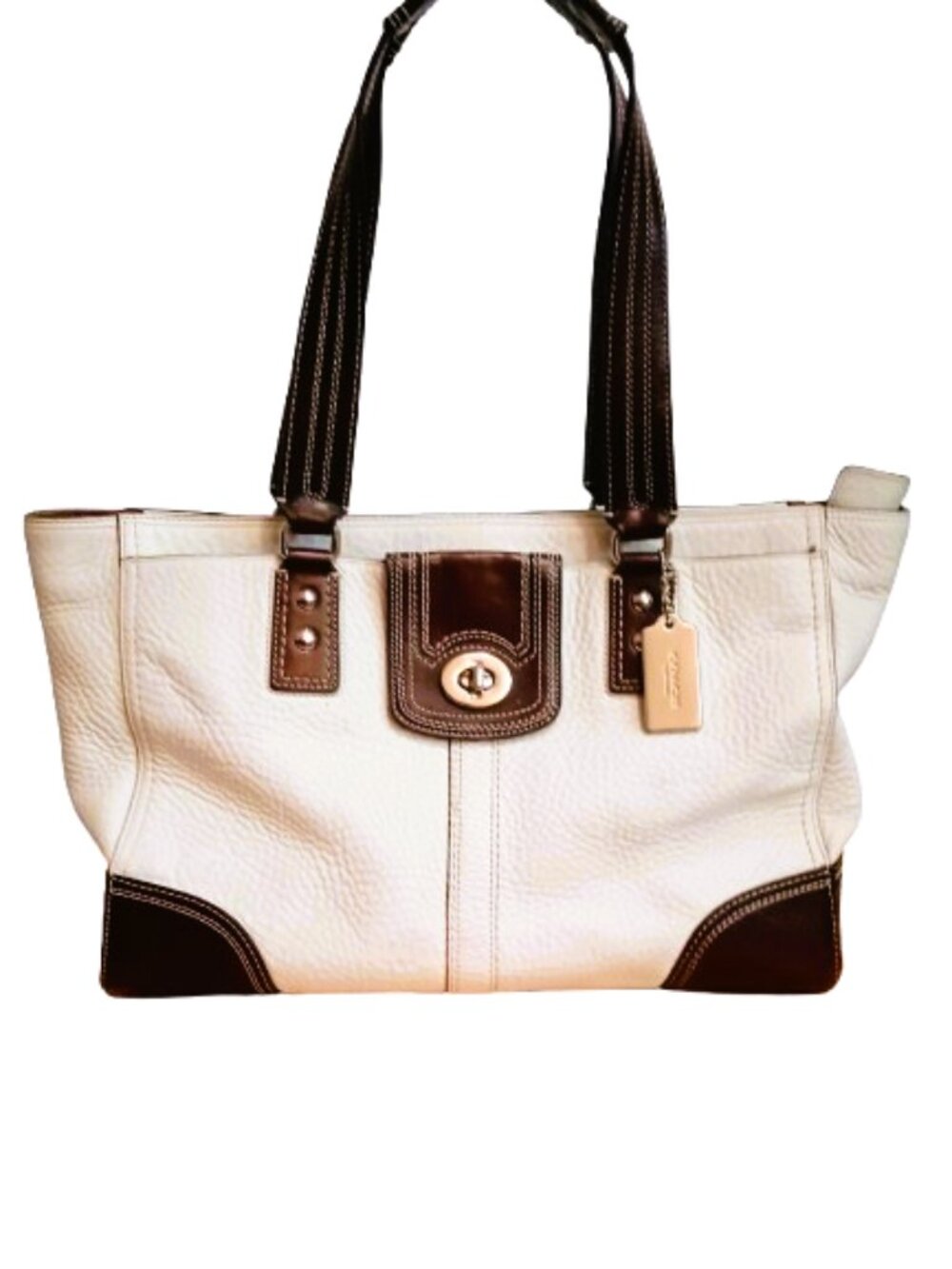 Coach Legacy White Pebble Leather Bag Brown Trim Large Carryall Tote Purse